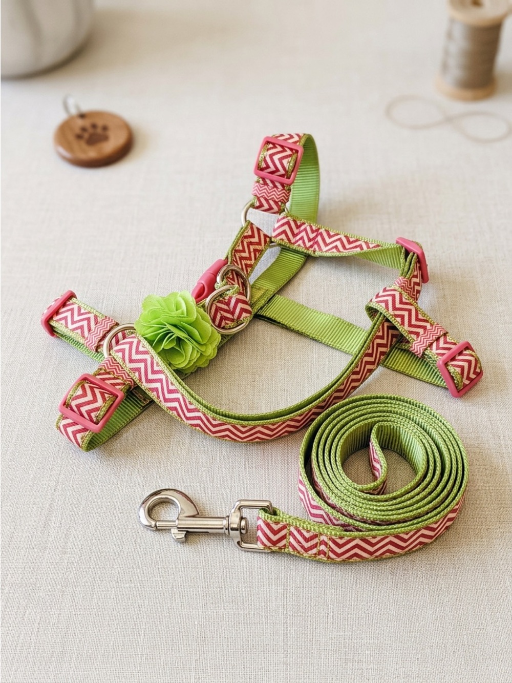 Martha Stewart Pets Pink & Green Chevron Dog Harness & 6ft Leash Set, Adjustable